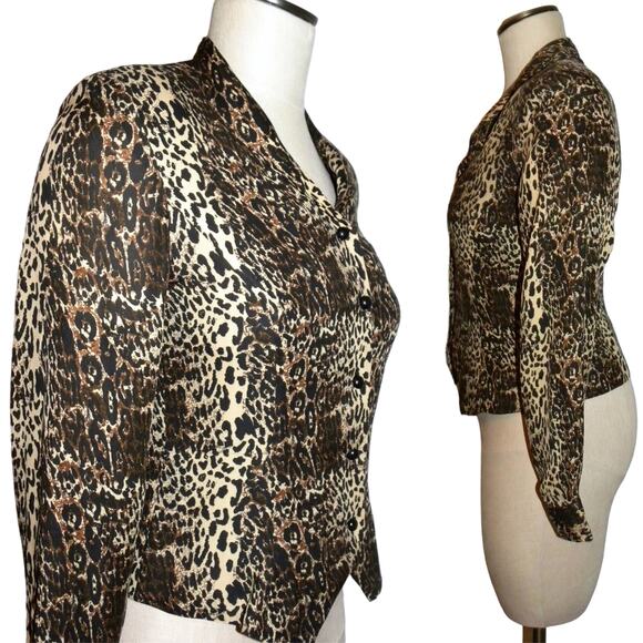 90s Leopard Print Silk Jacket | Vintage Fitted Crop Blazer | X-Small PETITE - Picture 4 of 10